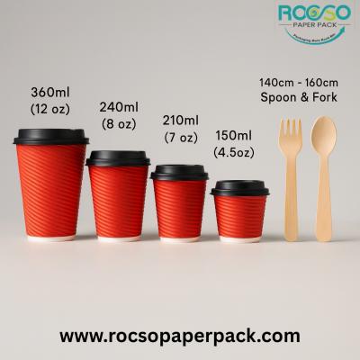 RIPPLE WALL HOT PAPER CUPS + WOODEN SPOON & FORK SET
